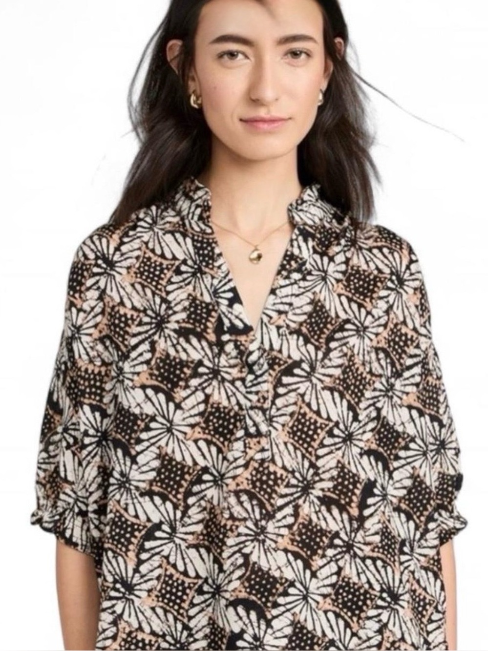 Xirena Cam Tobacco Petal Black White Print Popover Cotton Top Blouse Womens M